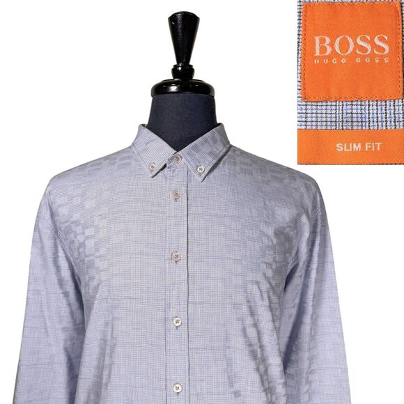Hugo Boss Orange Shirt Mens 3XL XXXL Blue Plaid Cotton Slim Fit Casual Button Up - Picture 1 of 10